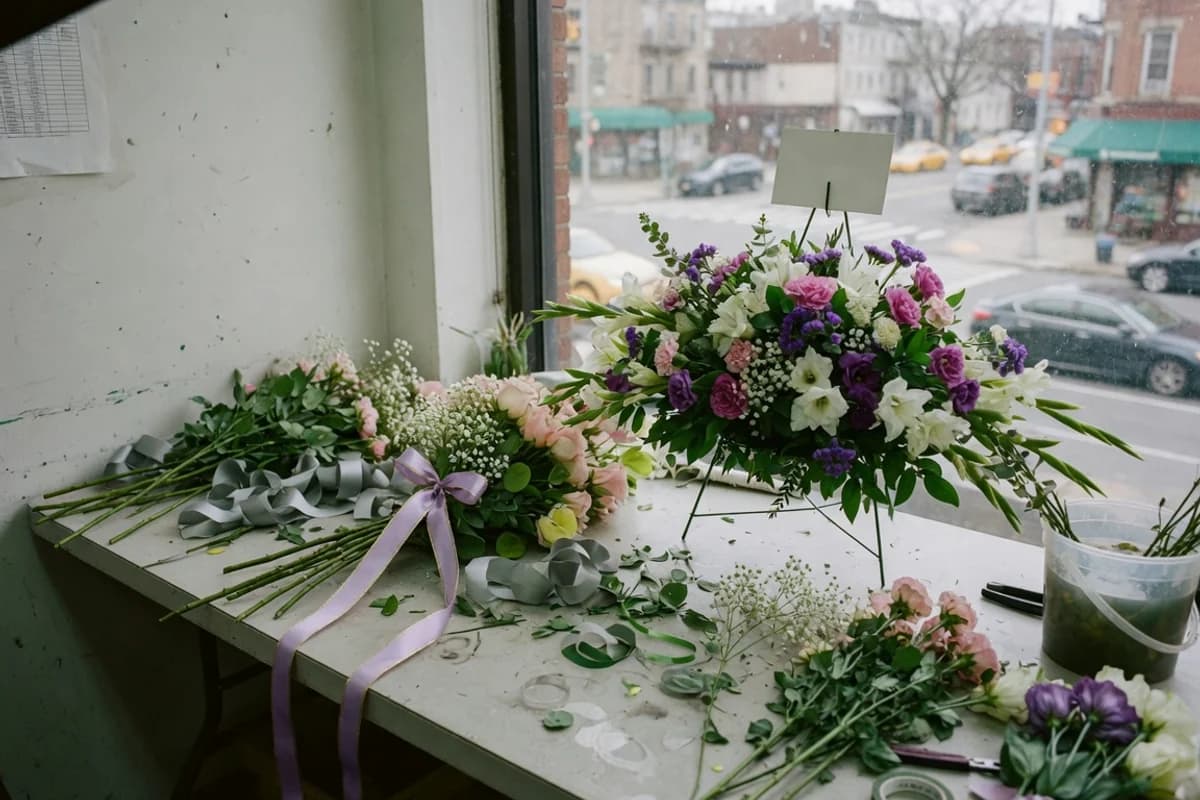 Masă de florărie cu aranjamente funerare în lucru, Sectorul 3, București