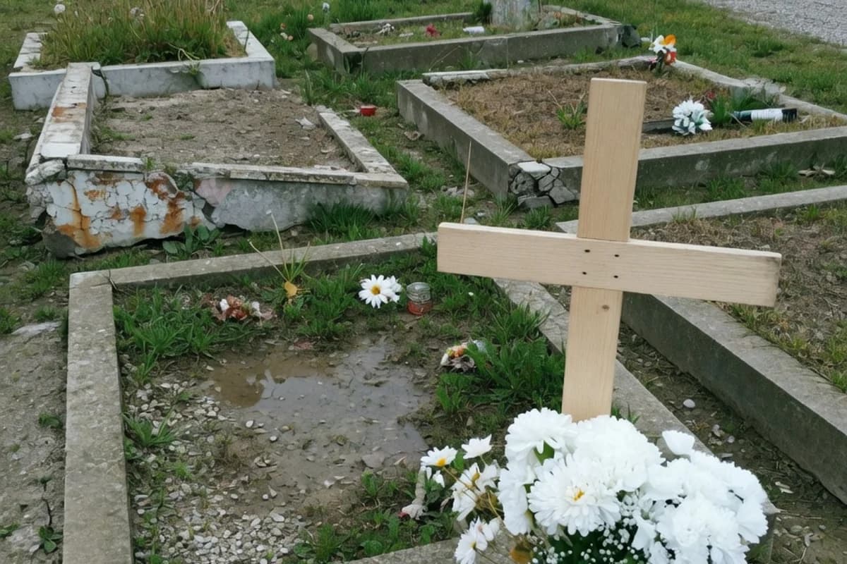 Aranjament cu flori albe lângă o cruce de lemn la mormânt, Sectorul 3, București