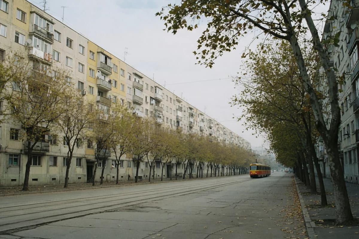 Bulevard rezidențial cu blocuri și tramvai în depărtare, Sectorul 3, București