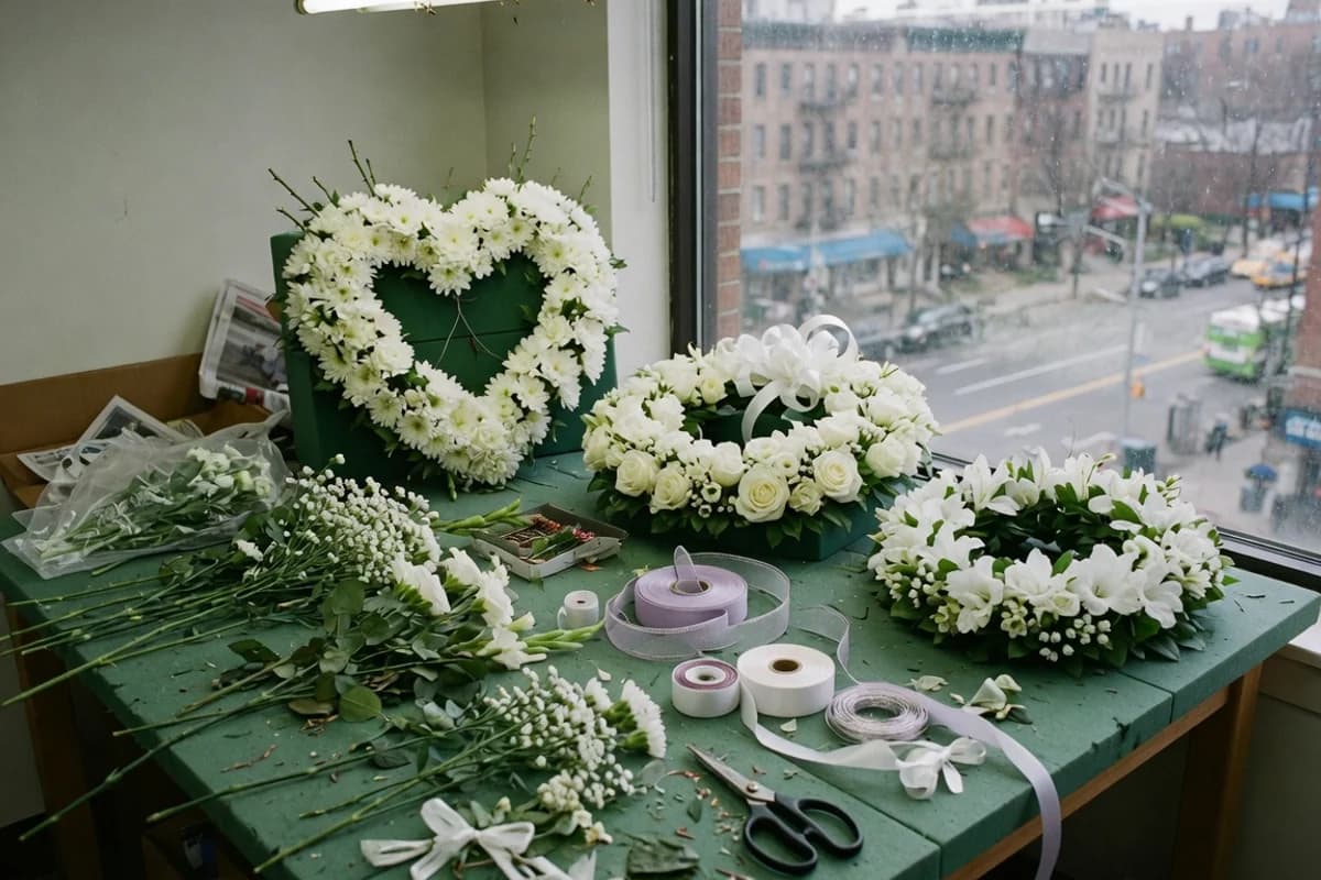 Masă de florărie cu mai multe coroane funerare în lucru, Sectorul 3, București