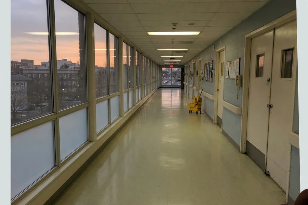 Coridor de spital liniștit, gol, în lumina caldă a serii, Sectorul 3, București