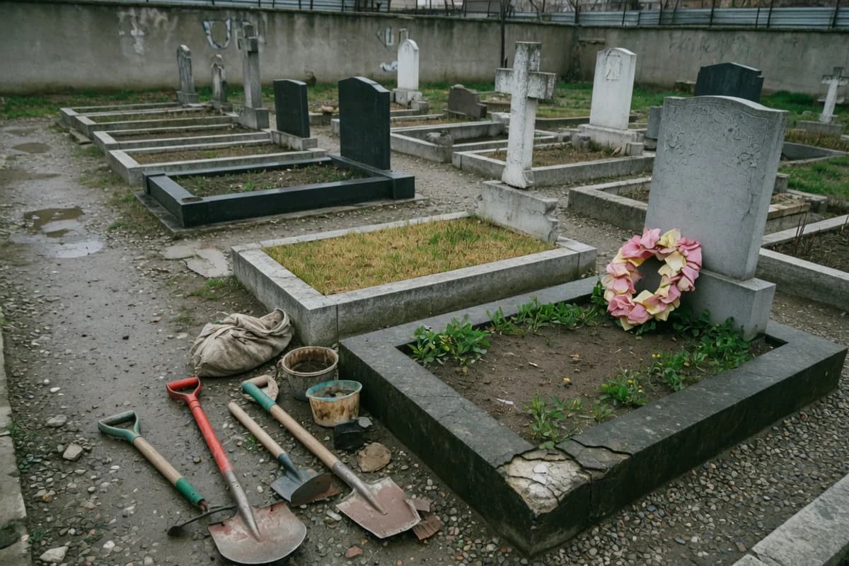 Unelte de grădină lângă un mormânt, pregătite pentru lucrare, Sectorul 3, București