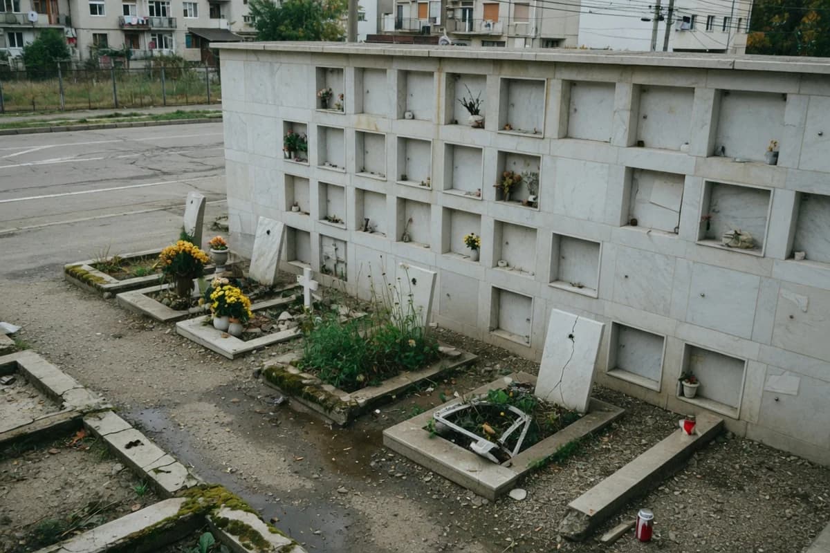 Perete de columbar modern cu nișe de marmură și o lumânare, Sectorul 3, București