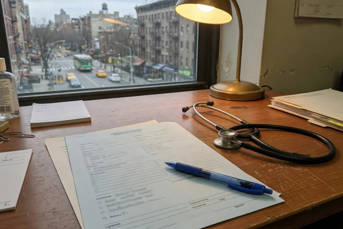 Biroul unui medic — stetoscop lângă un formular și un stilou, Sectorul 3, București