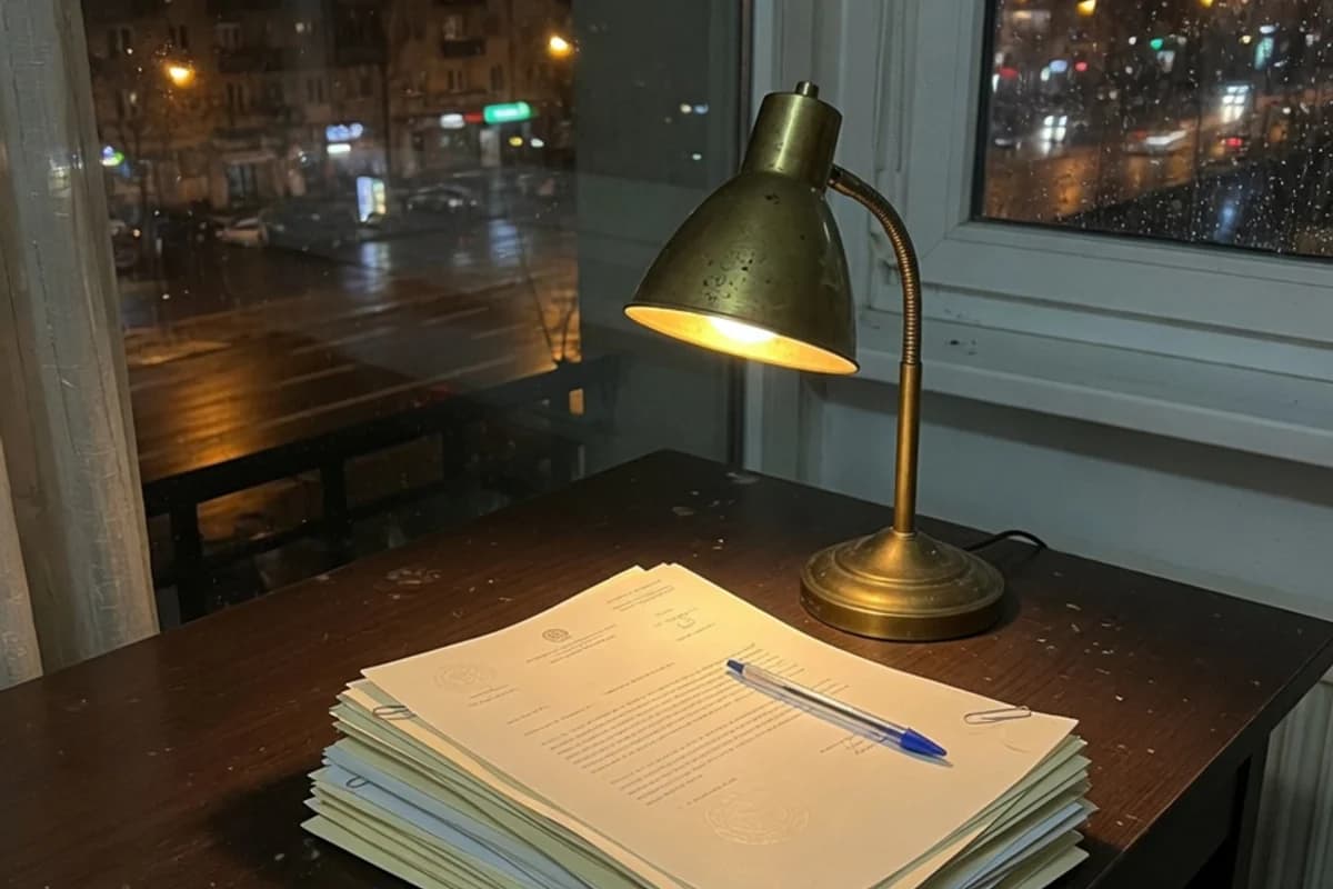 Documente și o veioză caldă pe un birou întunecat, Sectorul 3, București