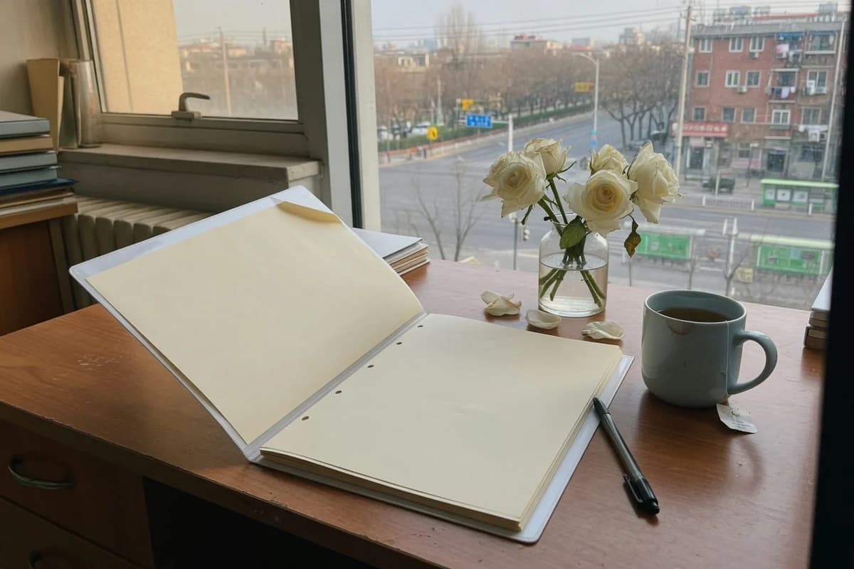 Mapă de prezentare deschisă, trandafiri albi și o ceașcă de ceai, Sectorul 3, București