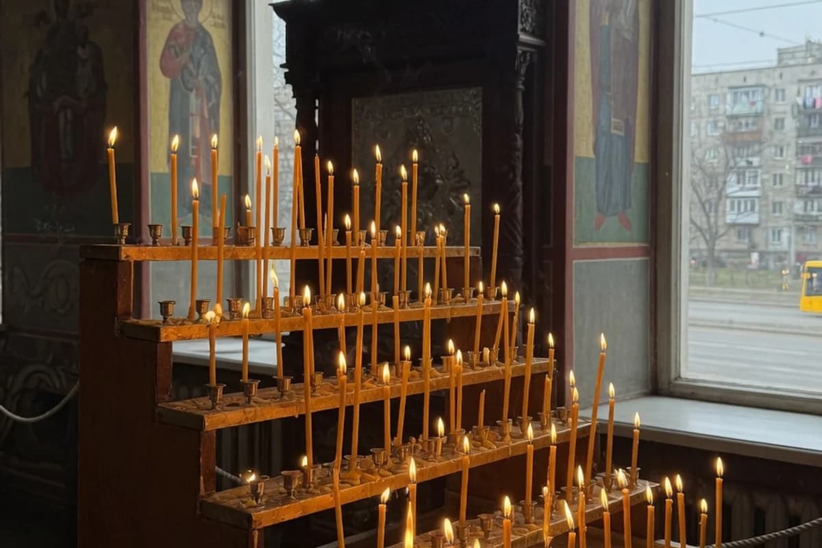 Suport cu multe lumânări aprinse într-o biserică, Sectorul 3, București