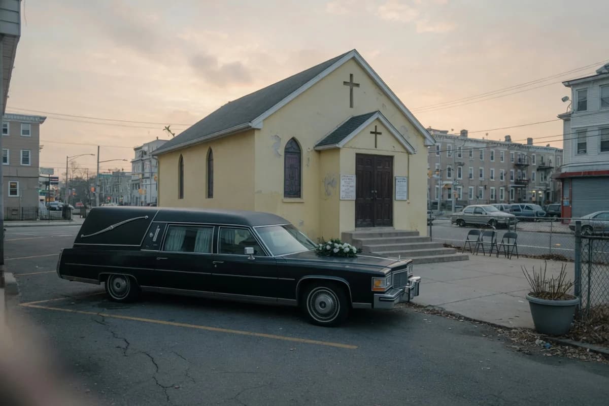 Dric negru parcat în fața unei capele mici, în zori, Sectorul 3, București