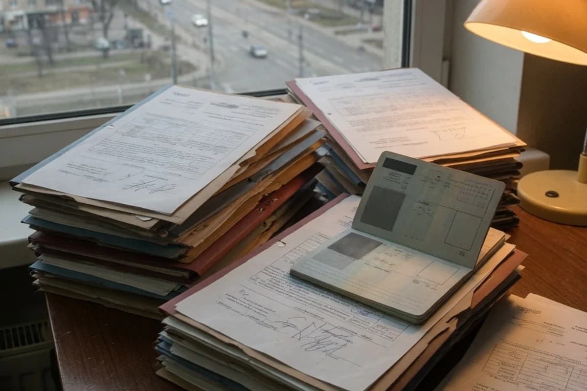 Dosar de acte consulare pe o masă de birou, Sectorul 3, București