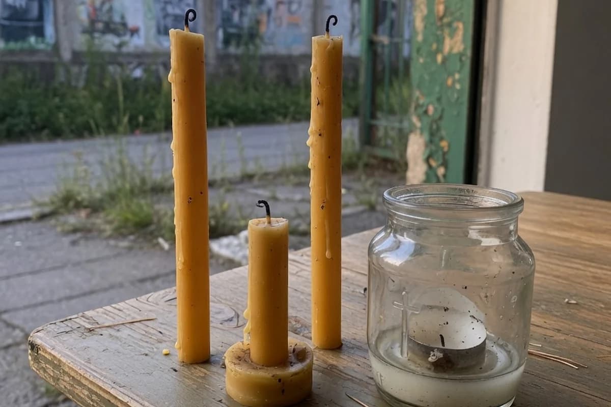 Lumânări de ceară și o candelă pe o masă de lemn, Sectorul 4, București