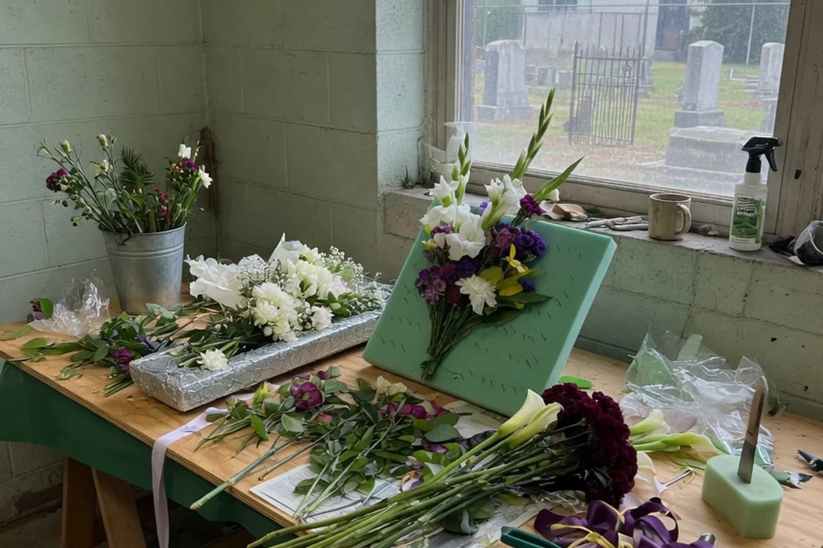 Masă de florărie cu aranjamente funerare în lucru, Sectorul 4, București