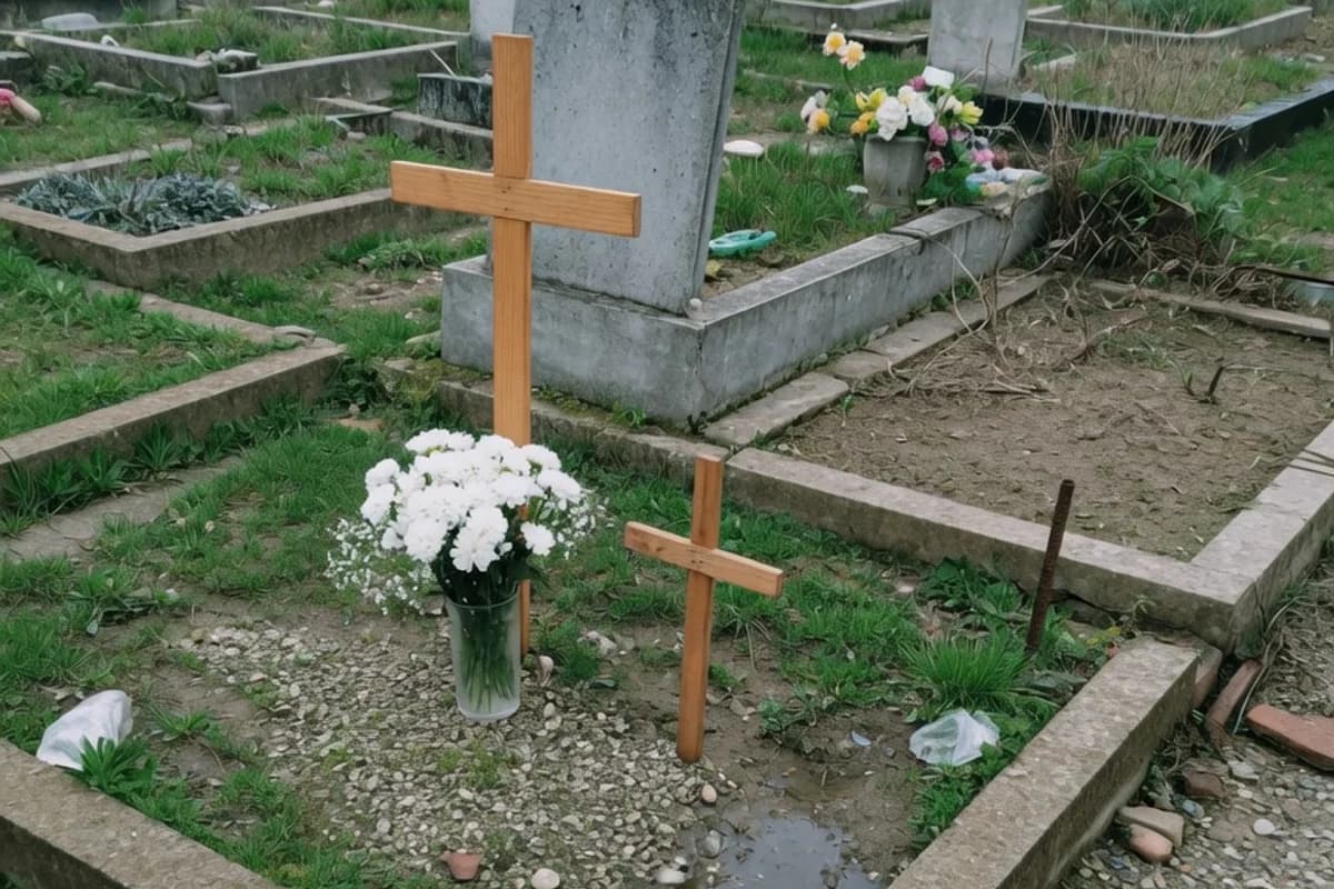 Aranjament cu flori albe lângă o cruce de lemn la mormânt, Sectorul 4, București