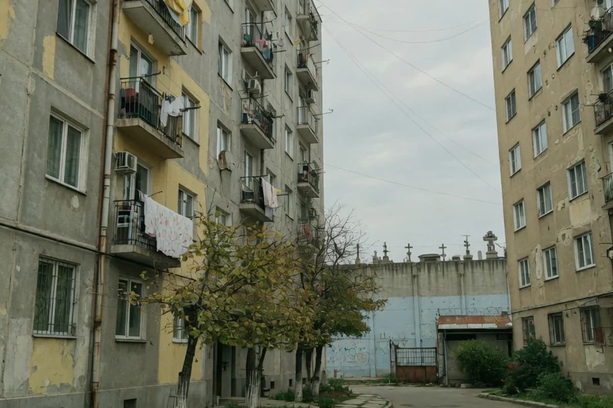 Stradă laterală cu blocuri vechi și tei, lumină de dimineață, Sectorul 4, București