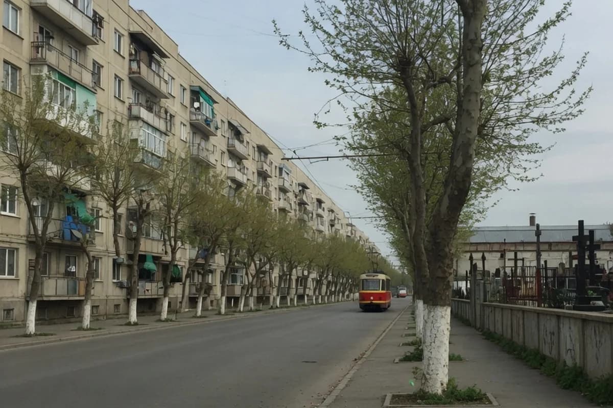 Bulevard rezidențial cu blocuri și tramvai în depărtare, Sectorul 4, București