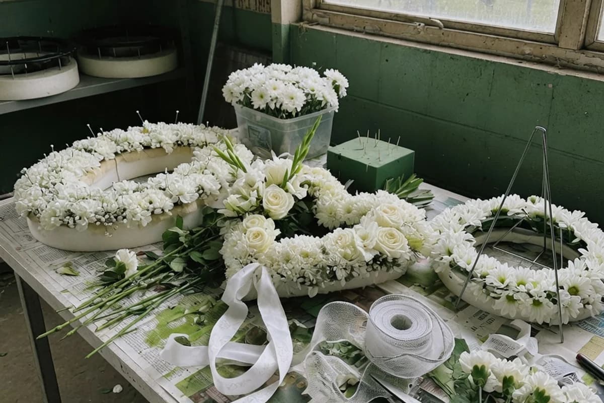 Masă de florărie cu mai multe coroane funerare în lucru, Sectorul 4, București