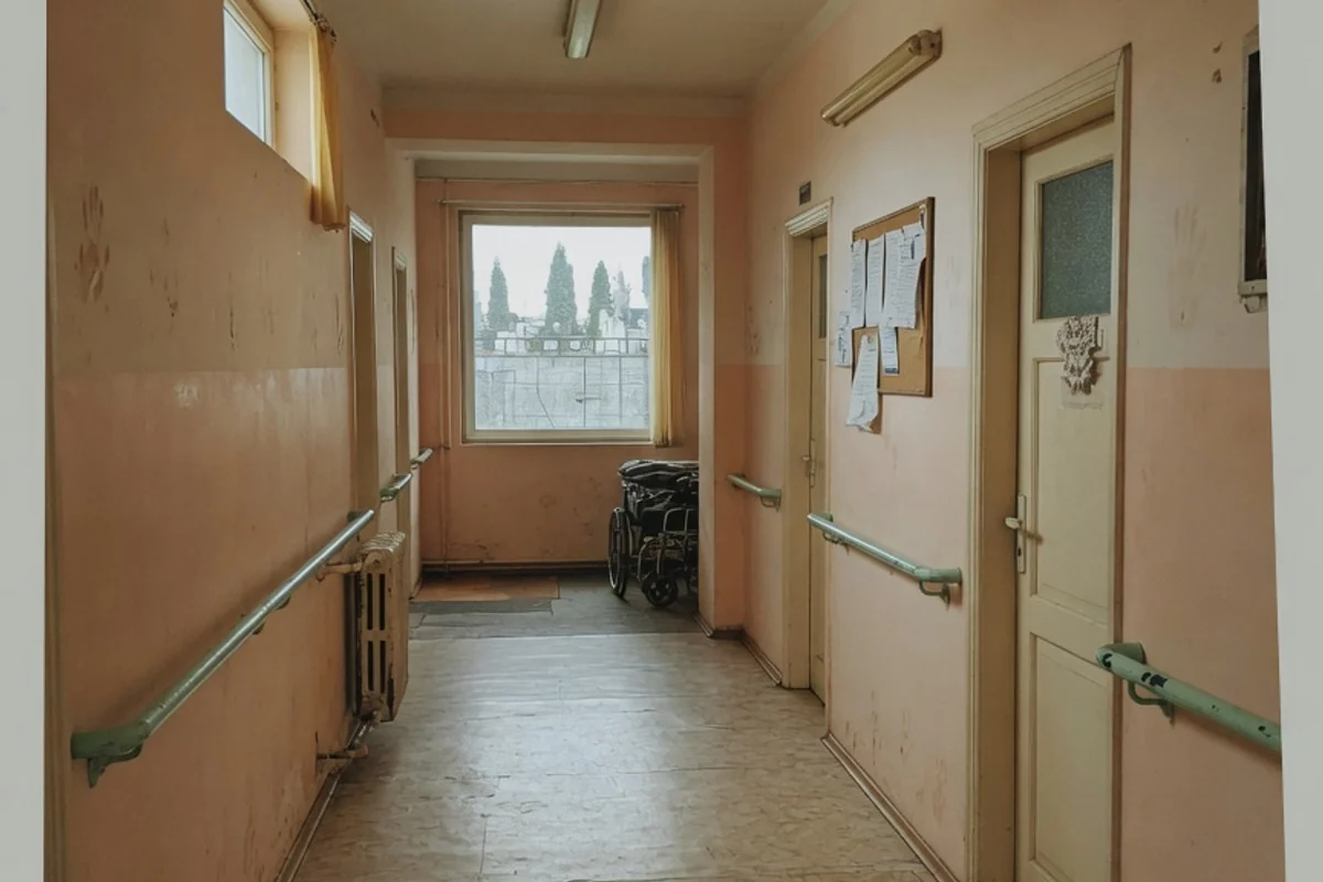 Coridor liniștit într-un cămin de bătrâni, lumină caldă, Sectorul 4, București