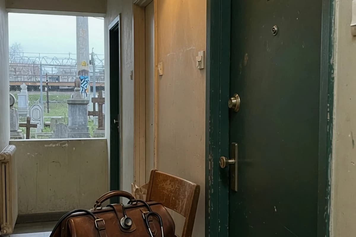 Geantă de medic și stetoscop lângă ușa unui apartament, Sectorul 4, București