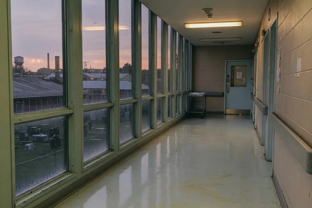 Coridor de spital liniștit, gol, în lumina caldă a serii, Sectorul 4, București