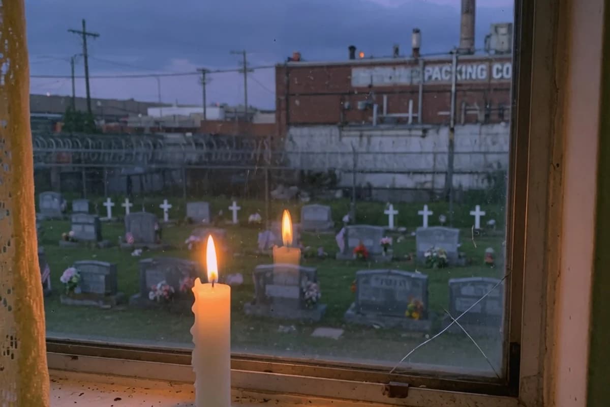 O lumânare aprinsă lângă o fereastră, la lăsarea serii, Sectorul 4, București