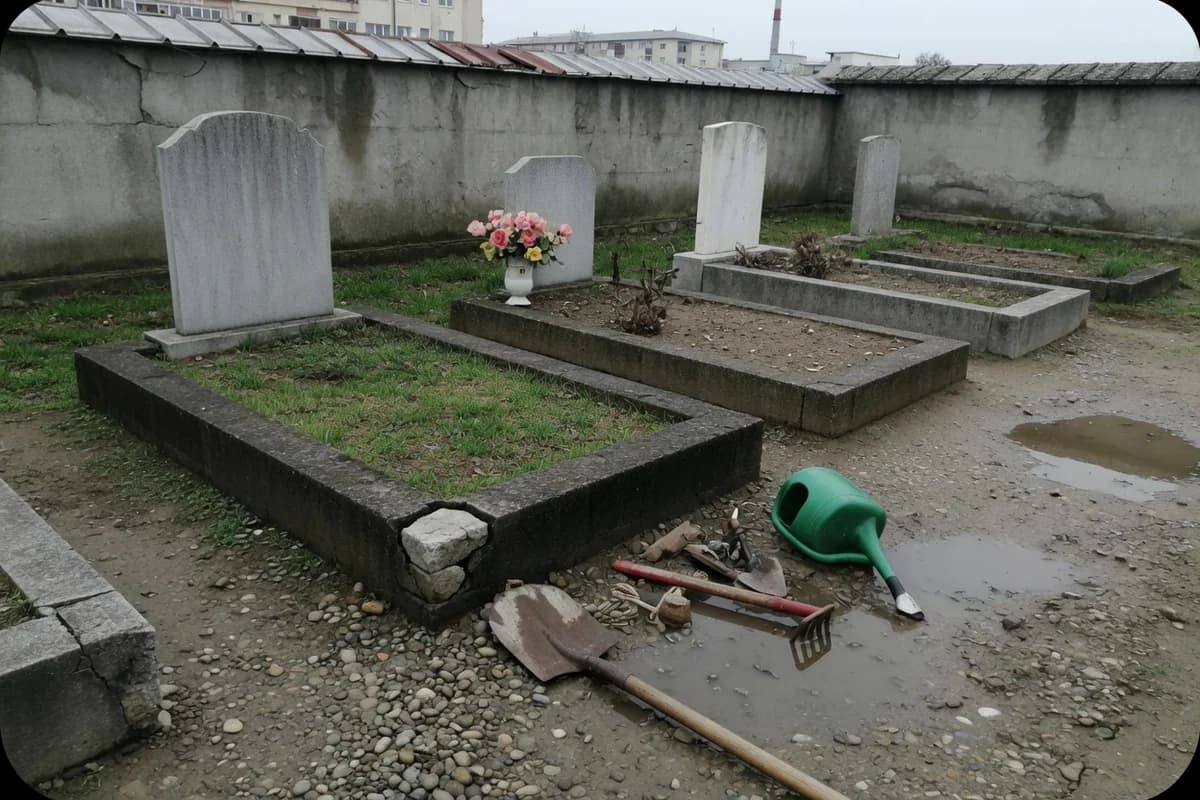 Unelte de grădină lângă un mormânt, pregătite pentru lucrare, Sectorul 4, București