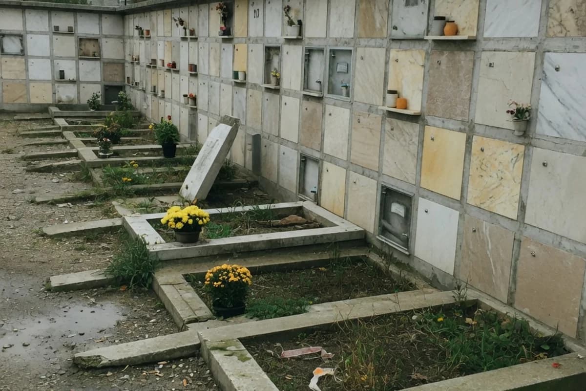 Perete de columbar modern cu nișe de marmură și o lumânare, Sectorul 4, București