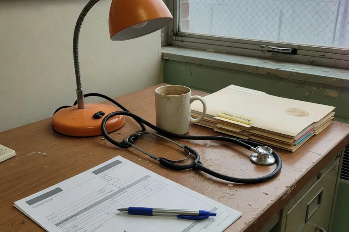 Biroul unui medic — stetoscop lângă un formular și un stilou, Sectorul 4, București