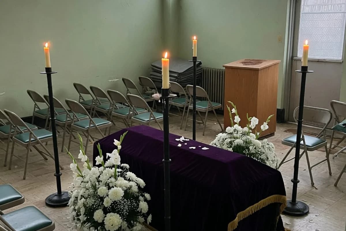 Capelă pregătită pentru ceremonie: catafalc, sfeșnice și flori, Sectorul 4, București