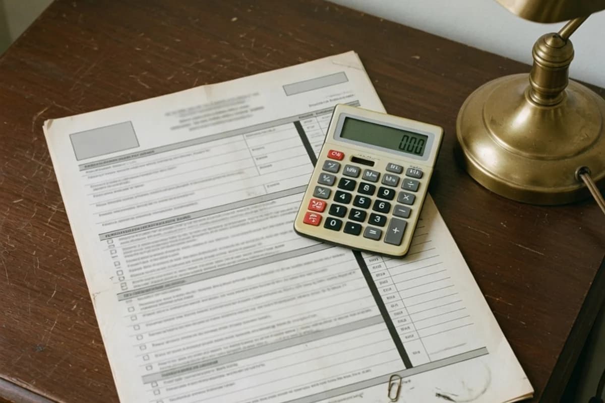 Calculator și un formular de cerere pe un birou, lângă o lampă caldă, Sectorul 5, București