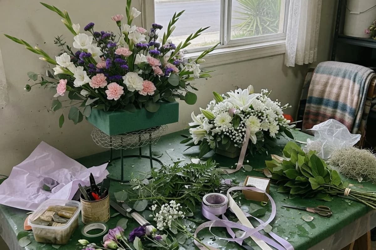 Masă de florărie cu aranjamente funerare în lucru, Sectorul 5, București