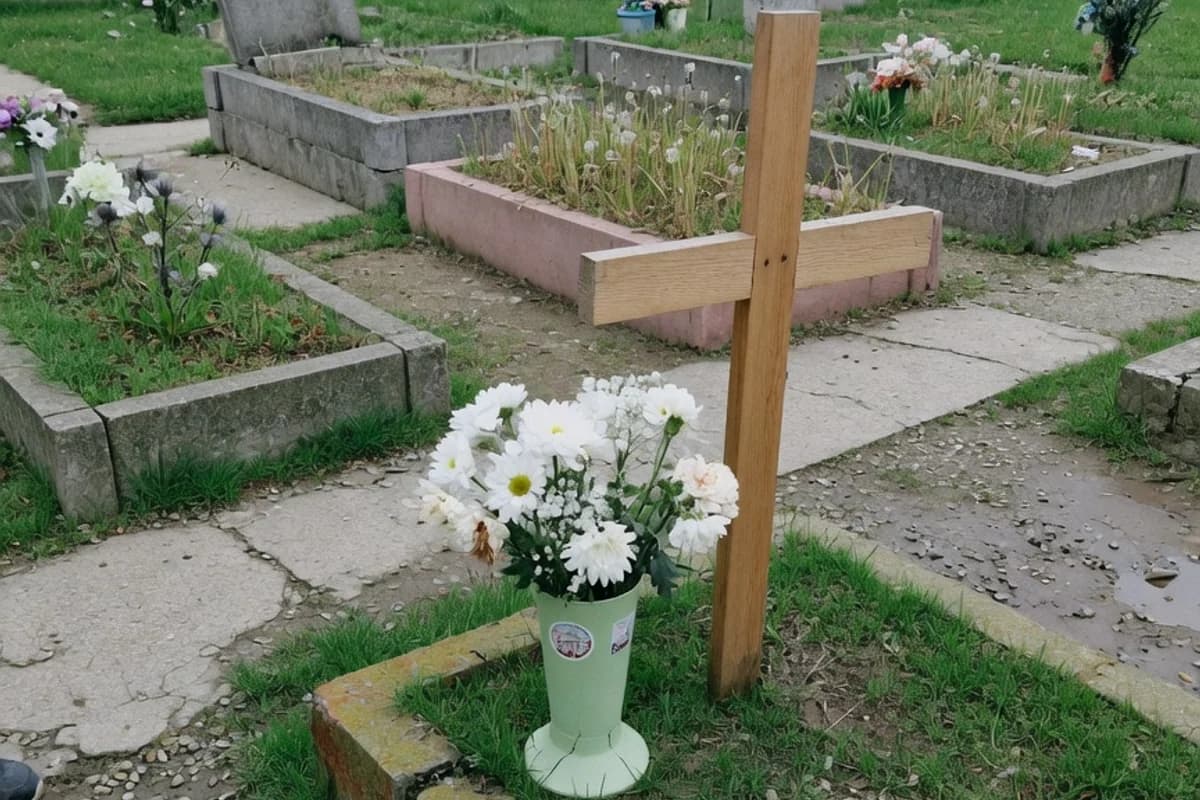 Aranjament cu flori albe lângă o cruce de lemn la mormânt, Sectorul 5, București