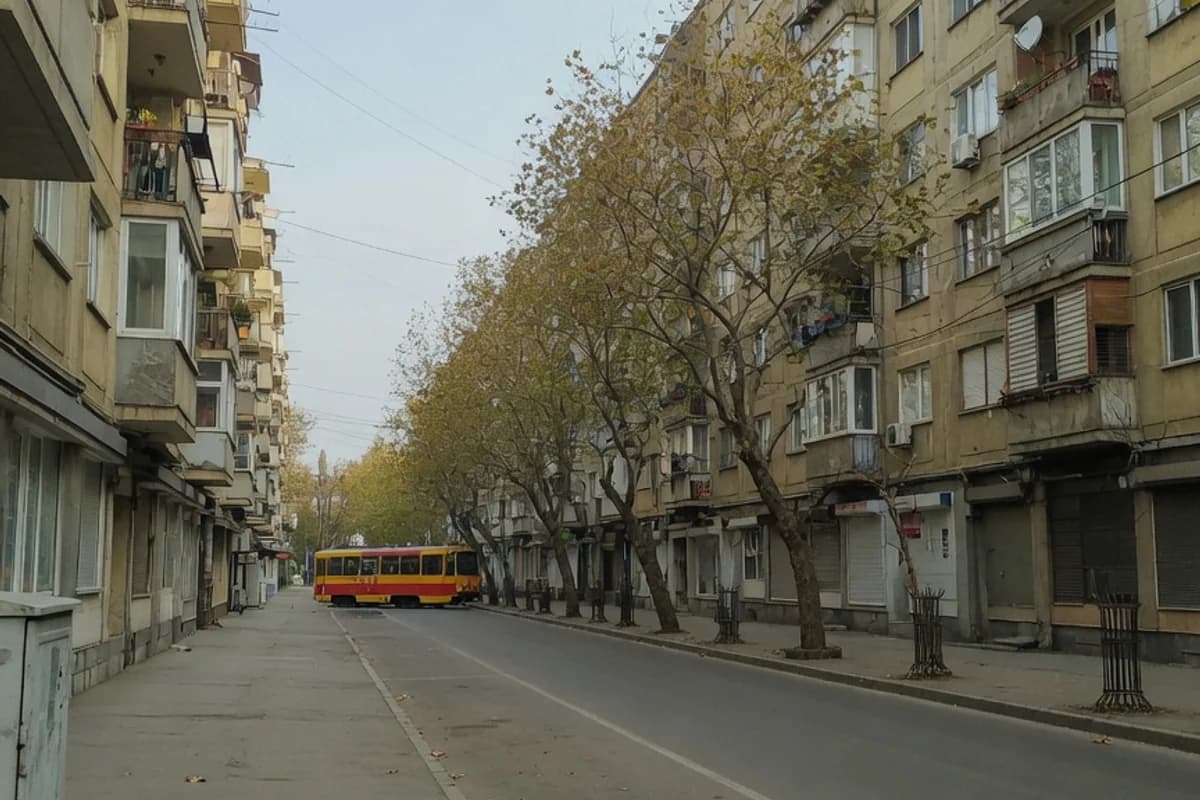 Bulevard rezidențial cu blocuri și tramvai în depărtare, Sectorul 5, București