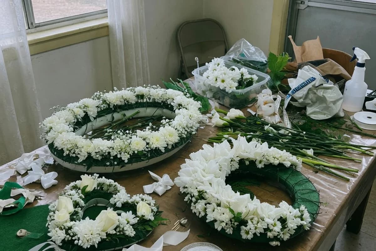 Masă de florărie cu mai multe coroane funerare în lucru, Sectorul 5, București