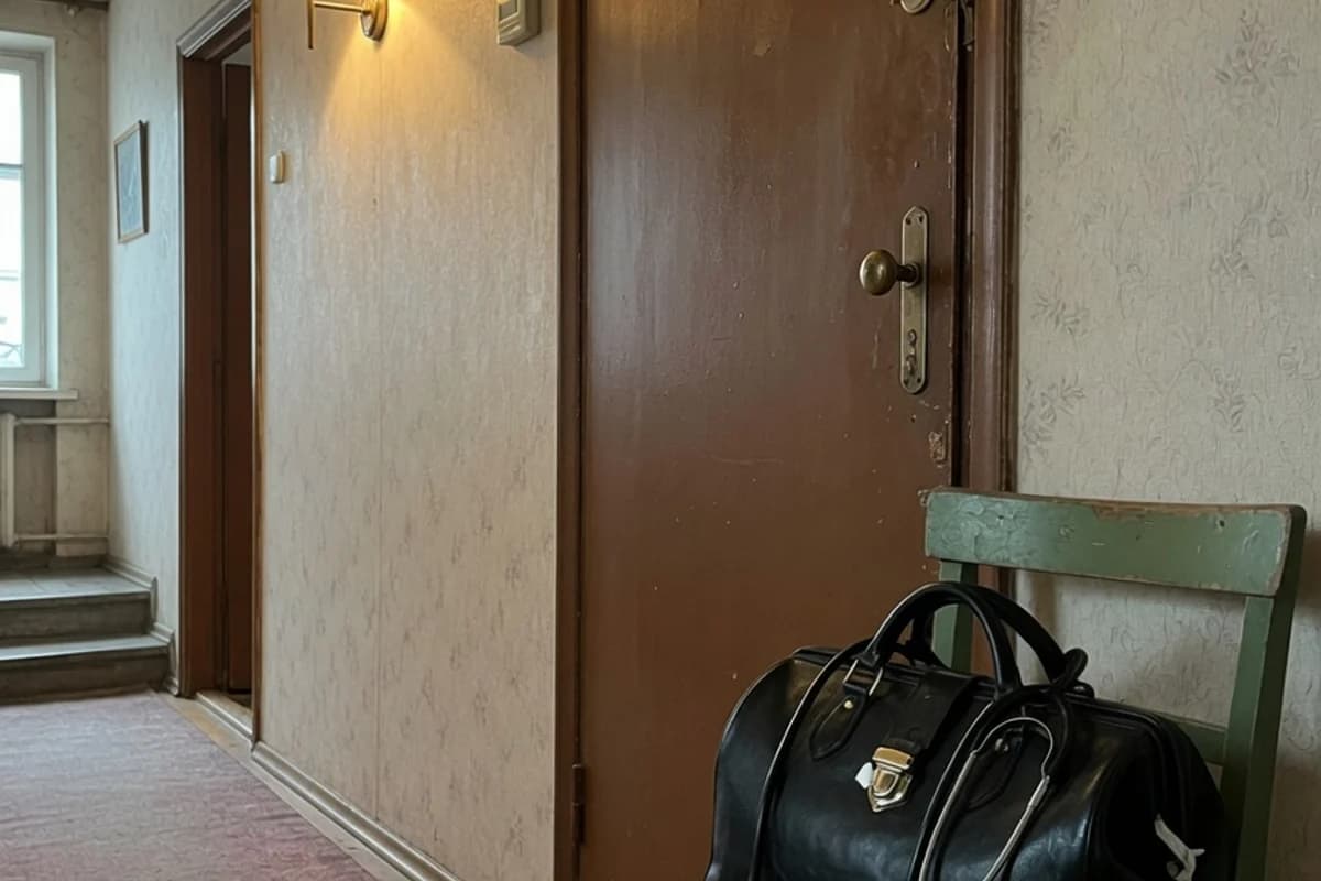 Geantă de medic și stetoscop lângă ușa unui apartament, Sectorul 5, București