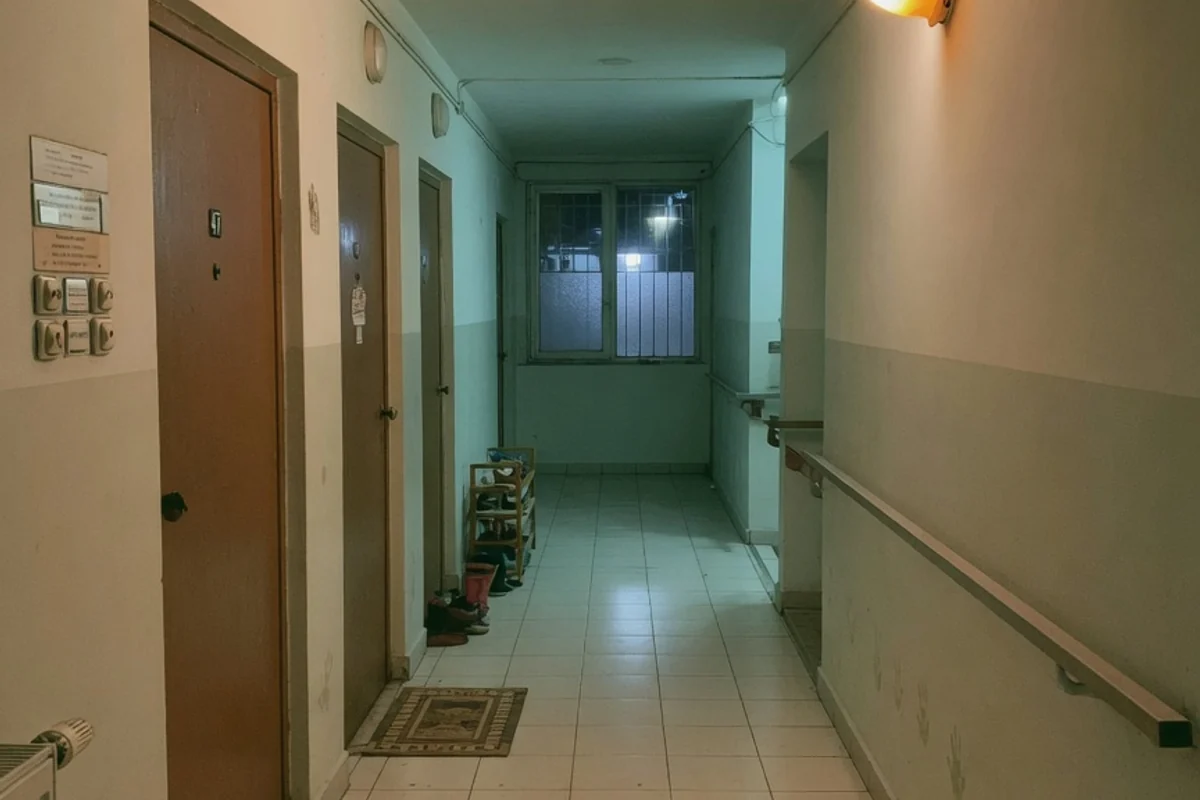 Holul unui bloc de locuințe noaptea, cu lumină caldă, Sectorul 5, București