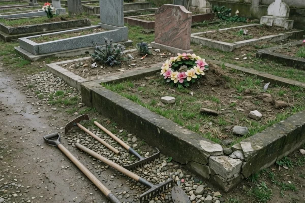Unelte de grădină lângă un mormânt, pregătite pentru lucrare, Sectorul 5, București