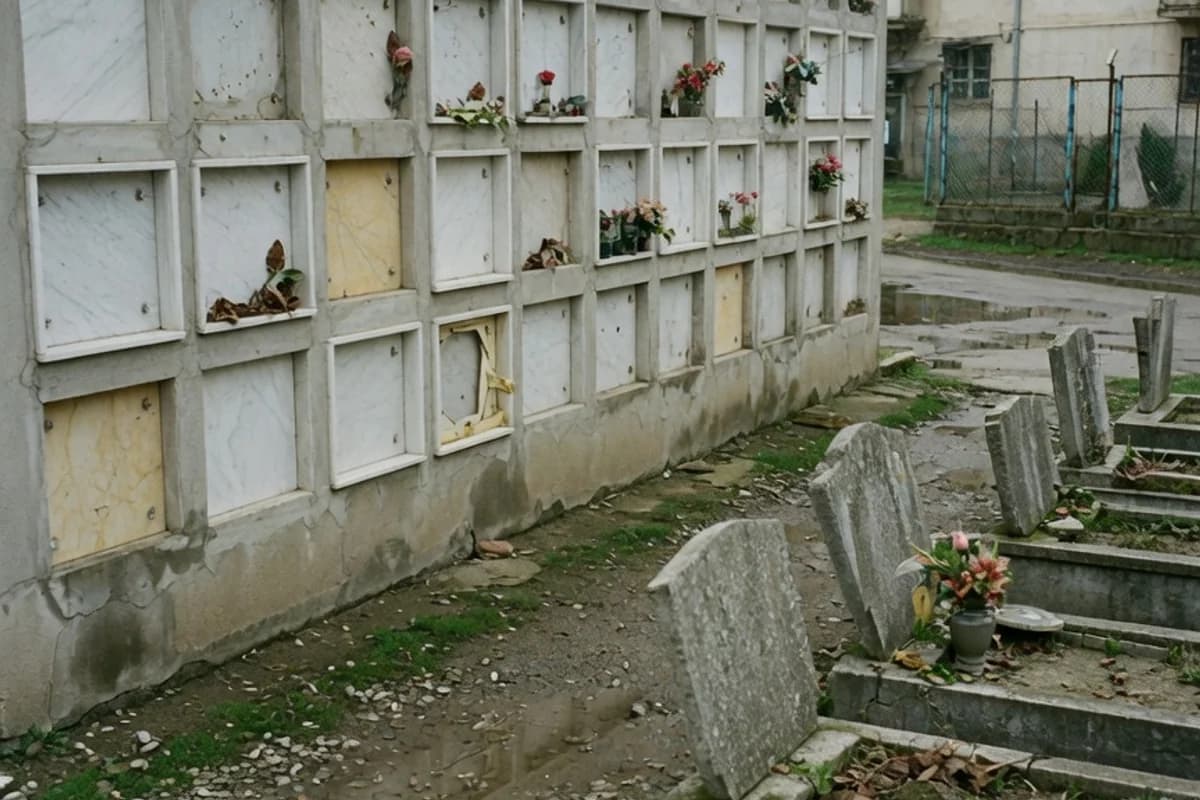 Perete de columbar modern cu nișe de marmură și o lumânare, Sectorul 5, București