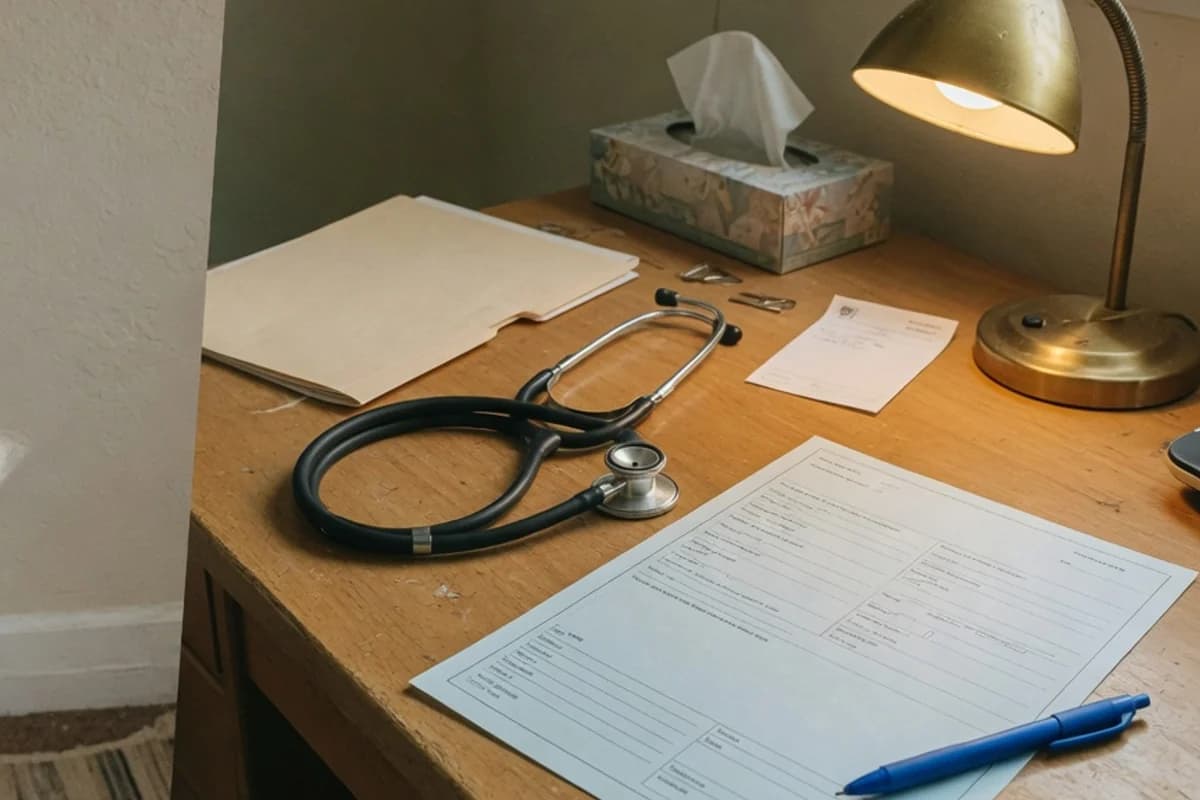 Biroul unui medic — stetoscop lângă un formular și un stilou, Sectorul 5, București