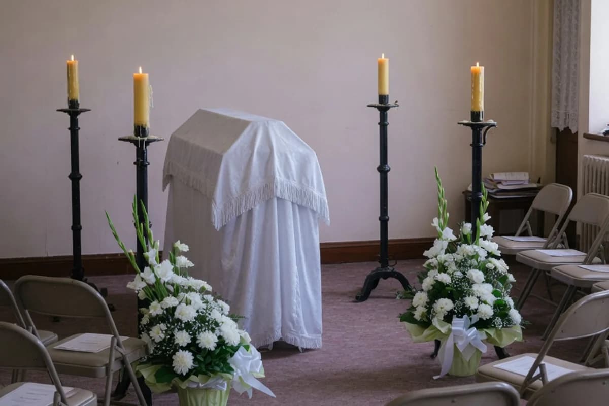 Capelă pregătită pentru ceremonie: catafalc, sfeșnice și flori, Sectorul 5, București