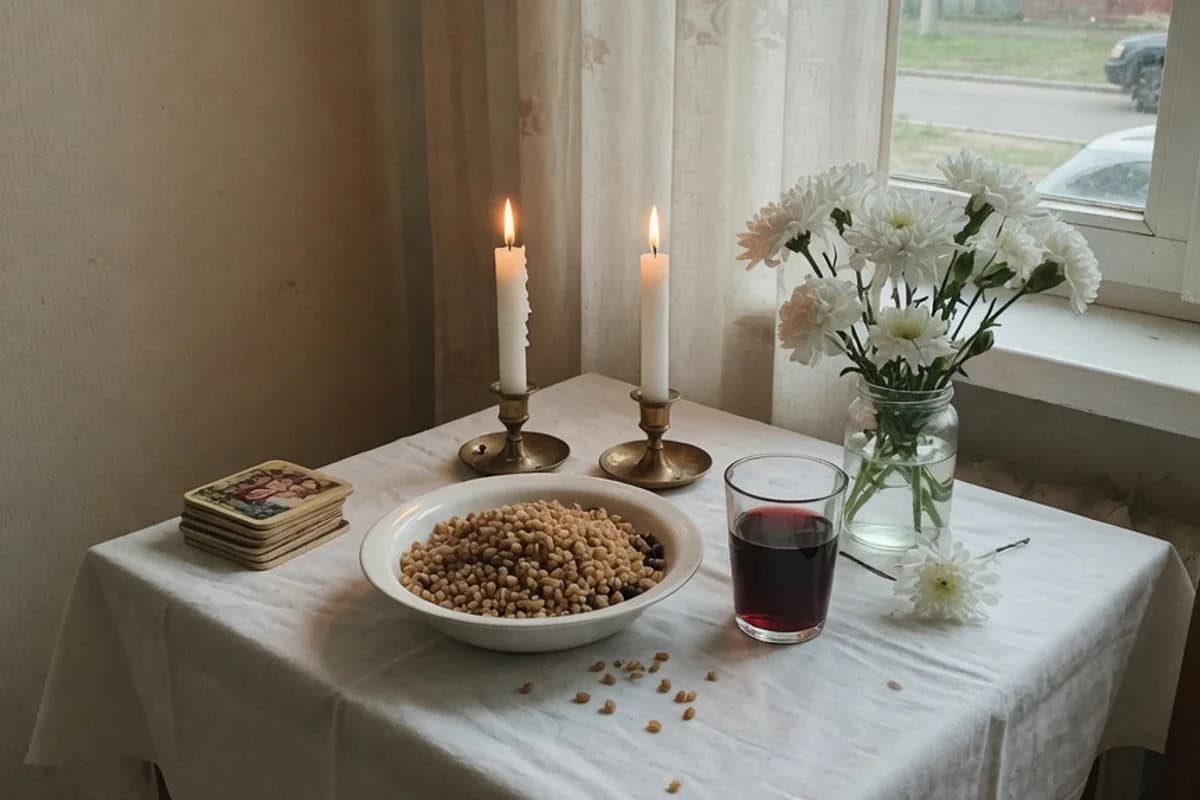 Masă de pomenire cu lumânări, grâu și vin, acasă, Sectorul 5, București