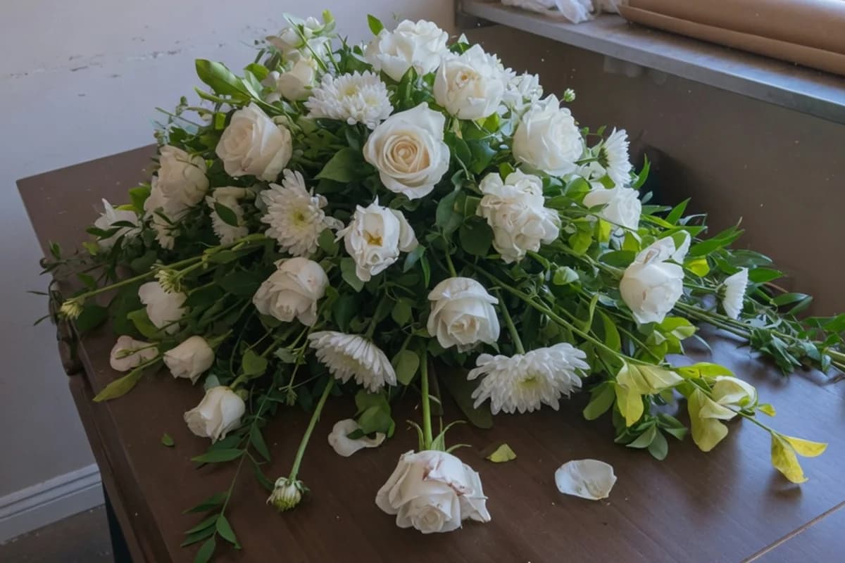 Aranjament floral alb așezat pe capacul unui sicriu, Sectorul 5, București