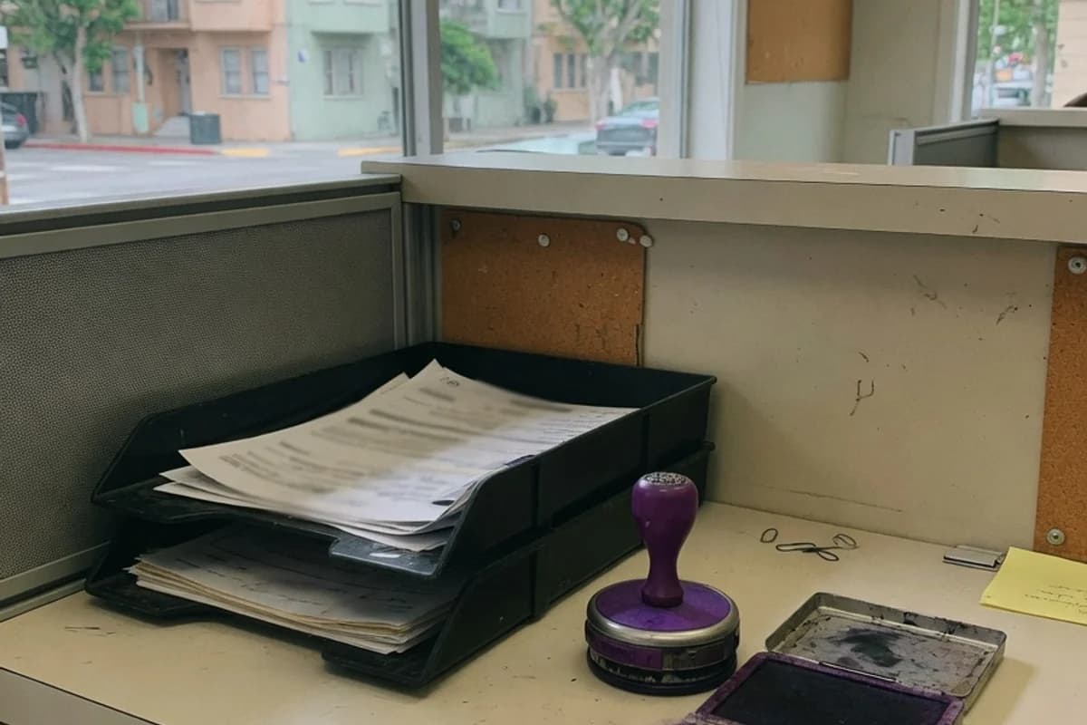 Ghișeu de birou cu o tavă de documente și o ștampilă, Sectorul 6, București