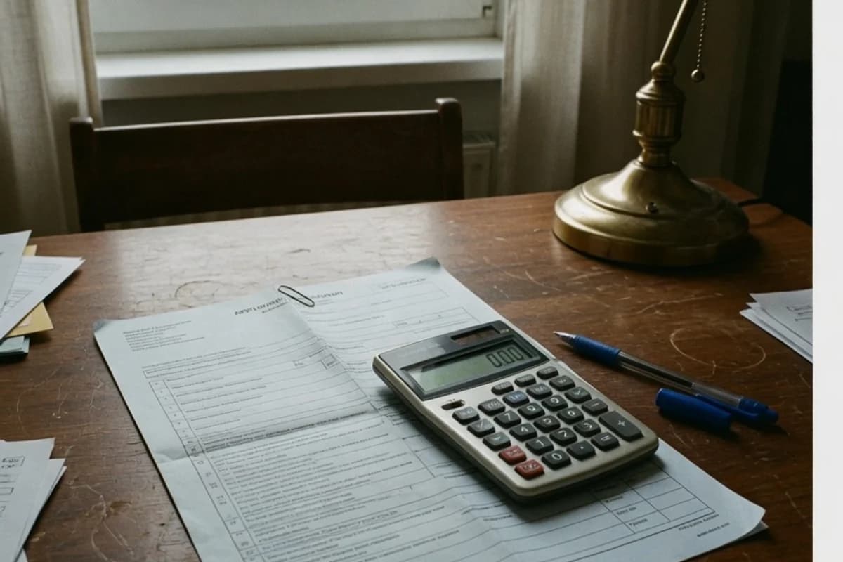Calculator și un formular de cerere pe un birou, lângă o lampă caldă, Sectorul 6, București