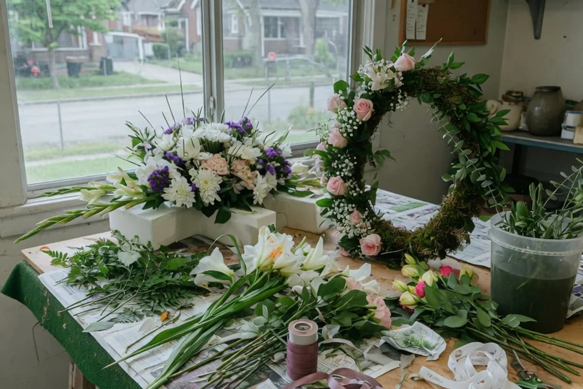 Florist table with funeral arrangements in progress, Sector 6, Bucharest