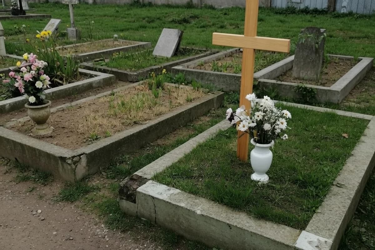 White flower arrangement beside a wooden cross at a grave, Sector 6, Bucharest