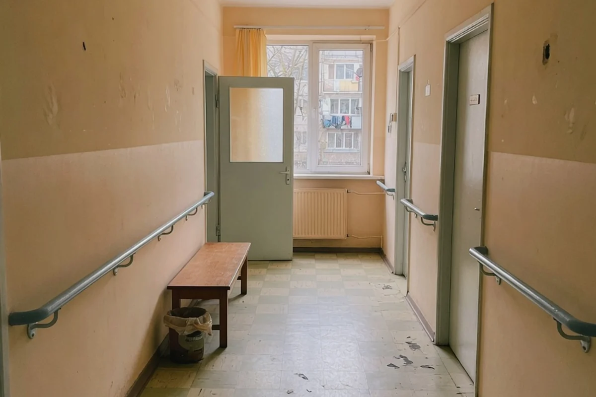 Coridor liniștit într-un cămin de bătrâni, lumină caldă, Sectorul 6, București