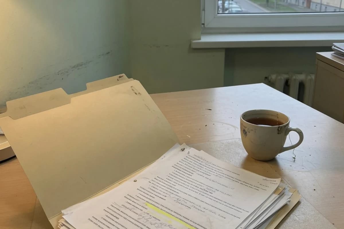 Dosar de acte pe o masă simplă, lângă o cană de ceai, Sectorul 6, București