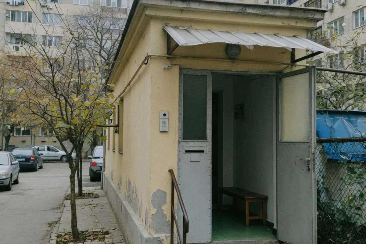 Intrare discretă a unui cămin, dimineața, Sectorul 6, București