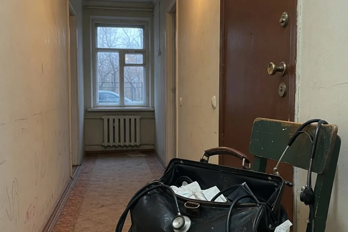 Geantă de medic și stetoscop lângă ușa unui apartament, Sectorul 6, București