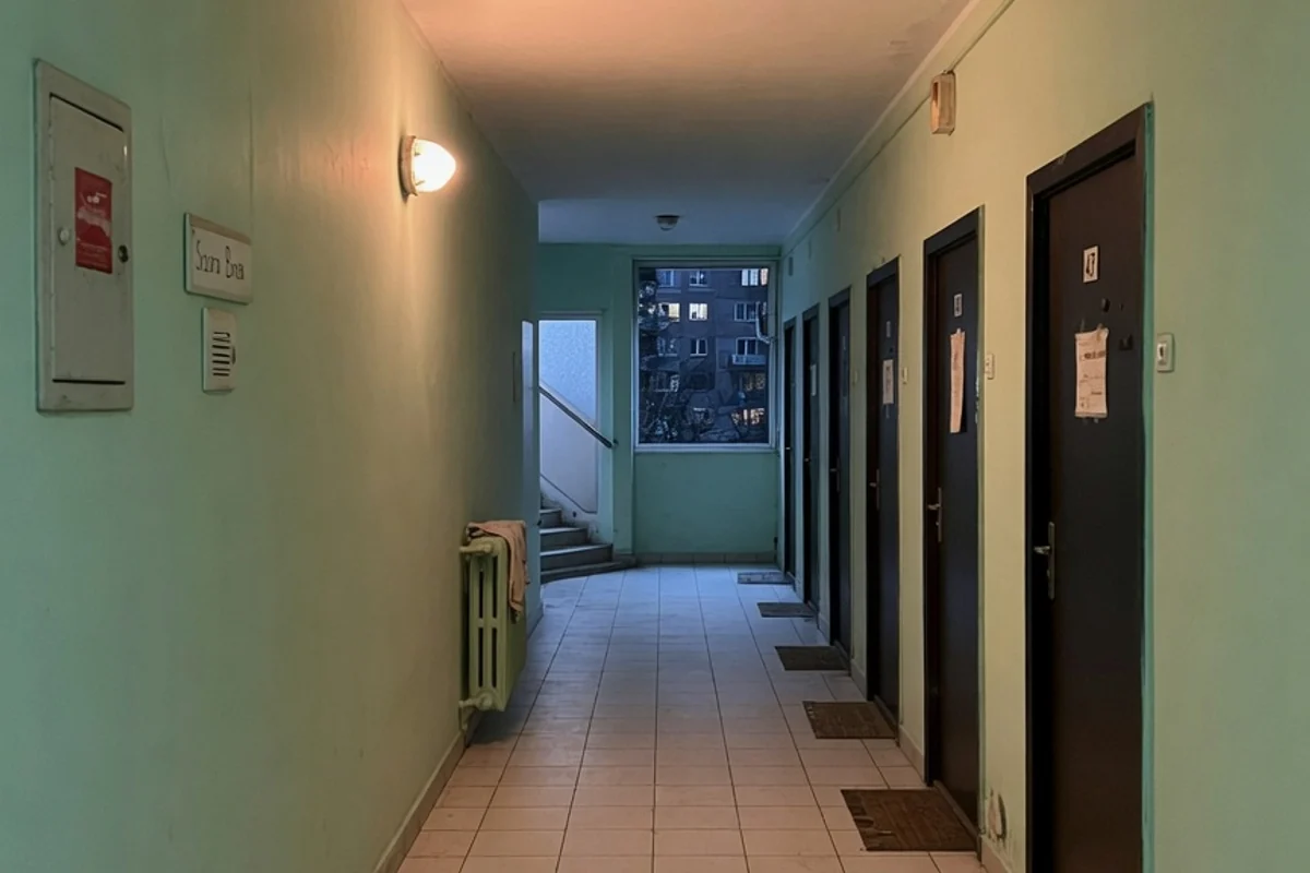 Holul unui bloc de locuințe noaptea, cu lumină caldă, Sectorul 6, București