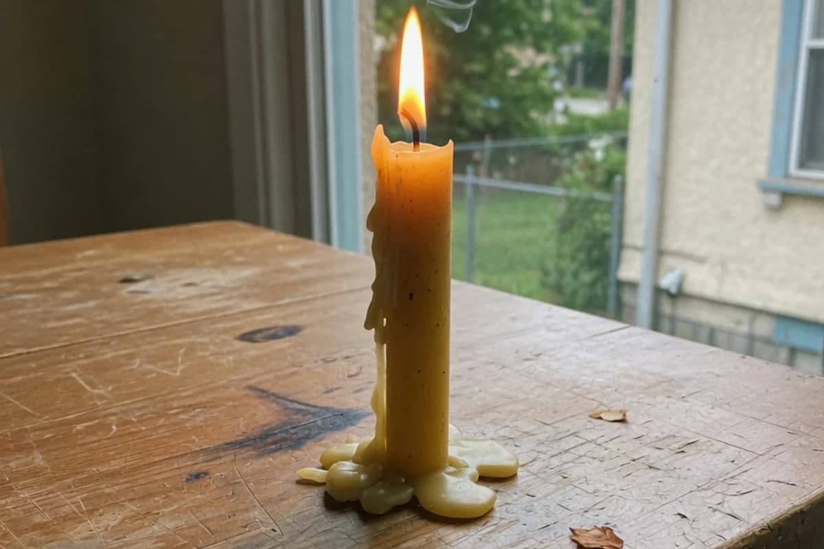 A lit candle on a wooden table, simple close-up, Sector 6, Bucharest
